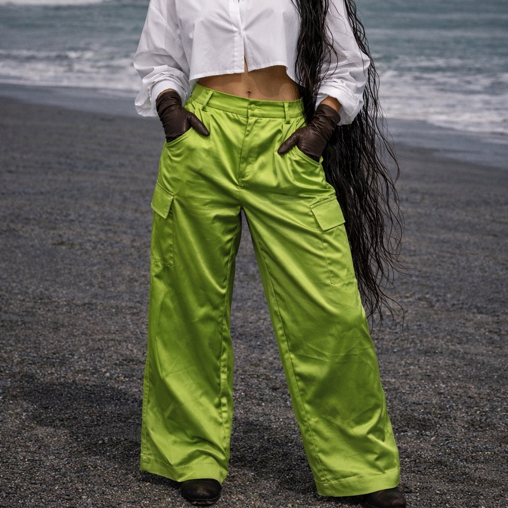 Chartreuse Satin Cargo Trouser ( Large)
